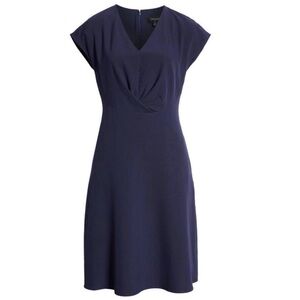 Tahari ASL Navy Midi Dress Twist Front V Neck Fit and Flare